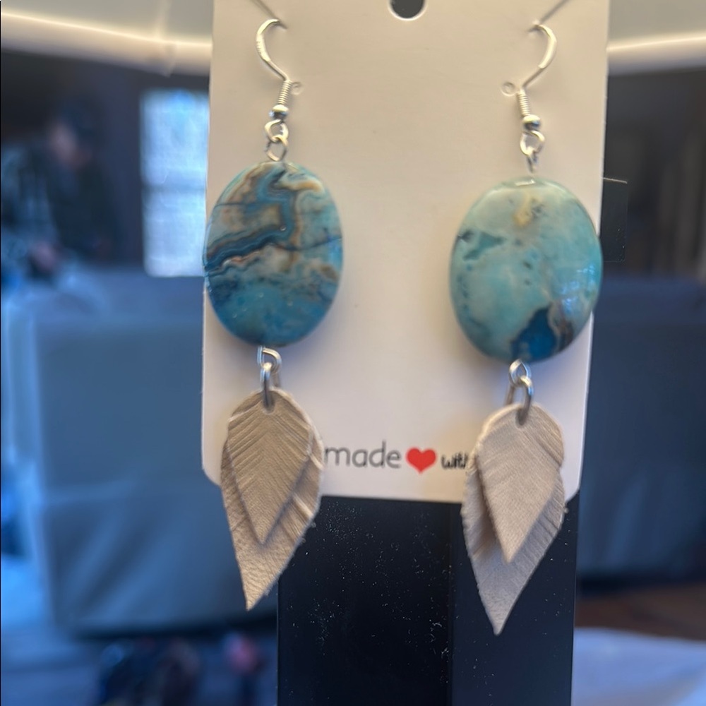 Blue Agate Stone and Cream Leather Earrings